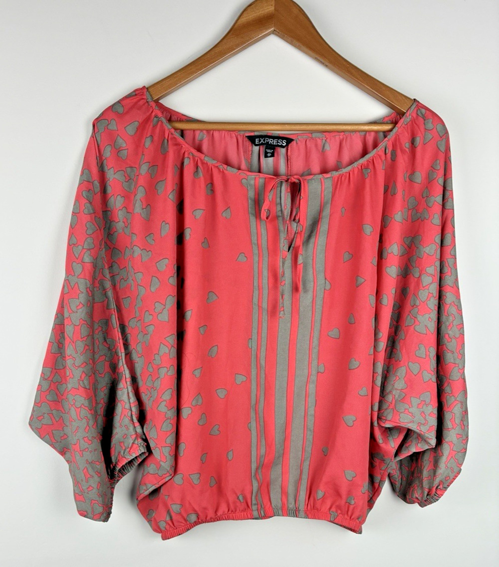 Express Women’s XS Petite Coral Gray Heart Print Boho Peasant Blouse Romantic